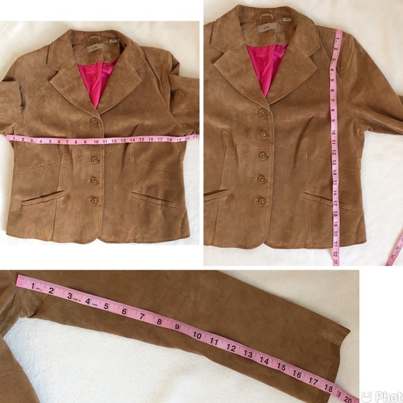 i.e. Women’s Genuine Leather Suede Tan Camel Blazer, size Large Button Front - Picture 14 of 16